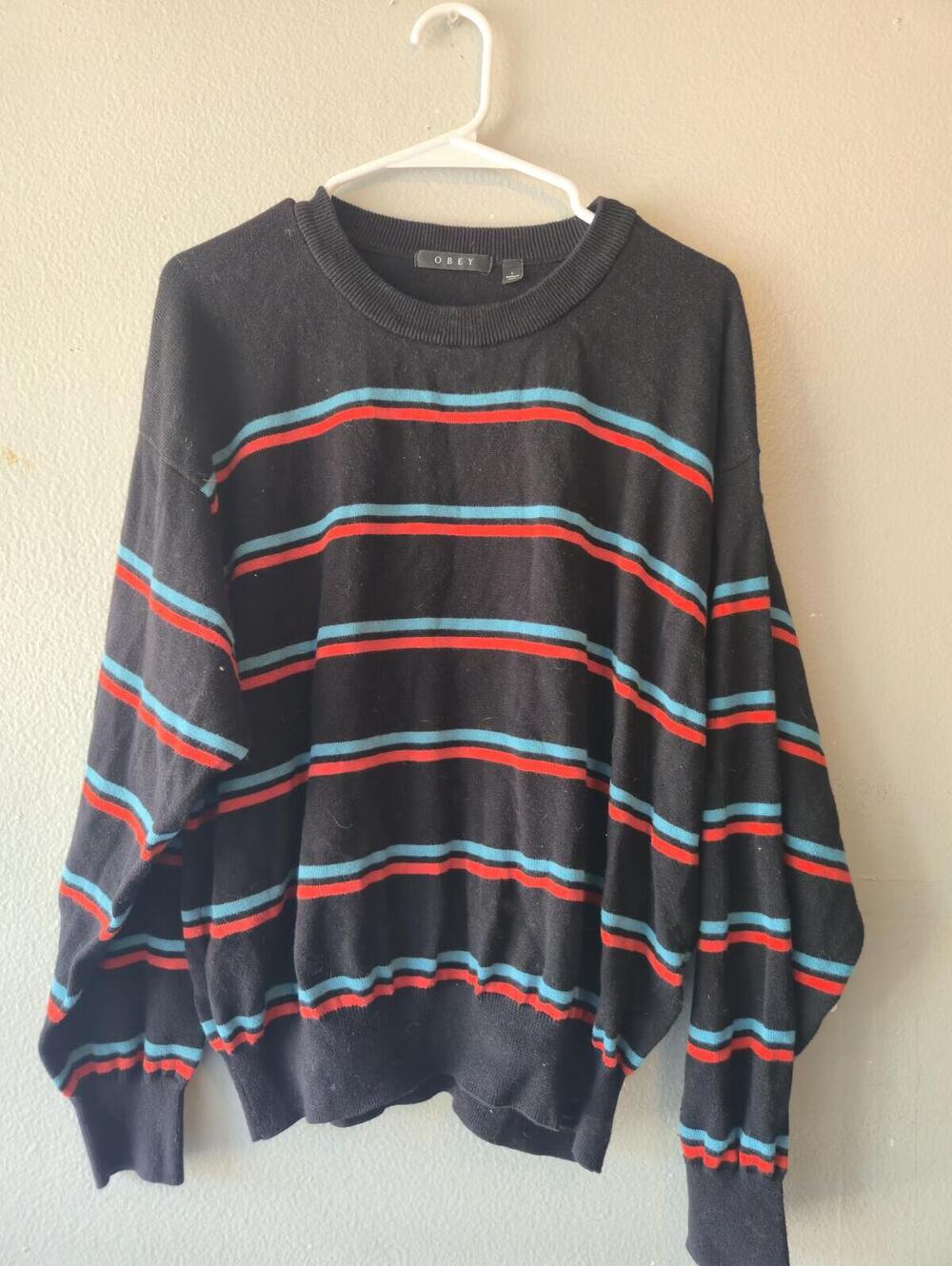 Obey Propaganda Black Red and Light Blue Striped Crewneck Sweater Size Large
